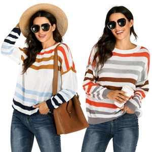 Vue détaillée de pulls en maille à rayures multicolores avec col rond et coupe décontractée