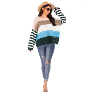 Relaxed fit striped knit sweater for women with multi-color blocks and casual crew neck