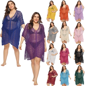 Plus Size Women V Neck Crochet Hollow Out Beach Cover Up Sexy Sheer Swimwear Coverup With Tassels Casual Vacation Top