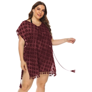 Plus size burgundy V-neck chiffon beach dress with tassel trim and pom pom mesh design
