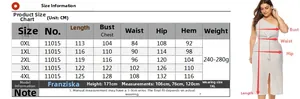 Size chart for off-shoulder bodycon dress with split, measurements from 0XL to 4XL