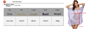Size chart detail for purple crochet beach cover up with measurements in cm and dimensions