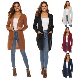 Detailed views of knit cardigan with front pockets in multiple solid colors