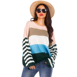 Close-up of color-block striped knit sweater with ribbed cuffs and textured knit detail