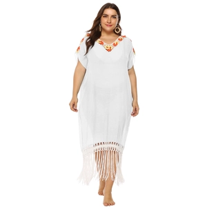 Women Plus Size Beach Cover Up Dress Bohemian Crochet V Neck Loose Summer Kaftan Tassel Hem Vacation Swimwear