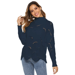 Women's navy blue high neck knit sweater with eyelet patterns and wavy scalloped hemline