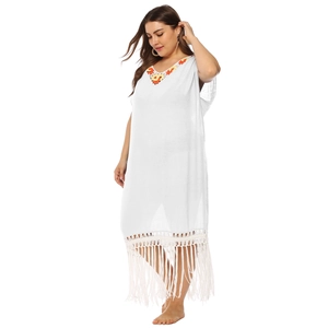 White boho beach cover-up dress with colorful crochet V-neck and long fringe hem