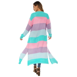 Macro view of rainbow striped knit cardigan featuring side splits and premium texture