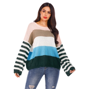 Women's loose colorblock striped knit sweater with drop shoulder and crew neck