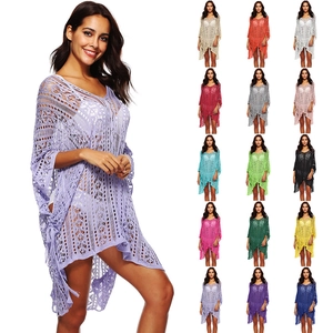 Women Hollow Out V-Neck Crochet Beach Cover-up Solid Color Batwing Sleeve Tassel Hem Summer Vacation Swimwear Sunscreen Top