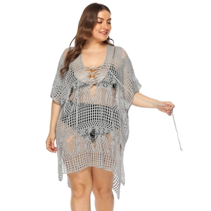 Plus size grey crochet knit beach cover up with V-neck hollow out design for women