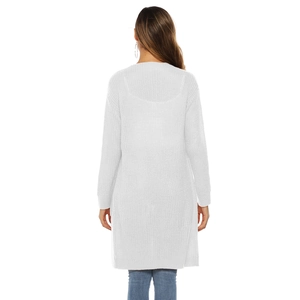 Rear view of white chunky knit long cardigan with deep pockets and textured finish