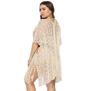 Beige floral crochet beach cover-up with V-neck and high side slits for women