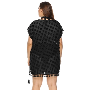 Plus size black sheer chiffon beach cover up with velvet dots and fringe hem tassel back view