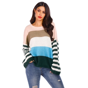 Detail of multi-color striped knitted sweater featuring contrasting textures and crew neckline