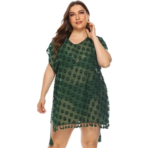 Women Plus Size V Neck Chiffon Beach Cover Up Dress With Tassels Sheer Pom Pom Loose Summer Swimsuit Cover Up