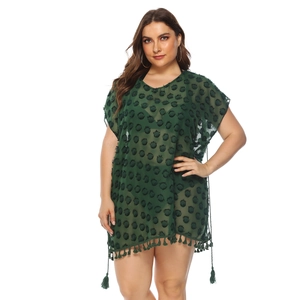Women's dark green V-neck chiffon beach dress with pom-pom dots and tassel fringe