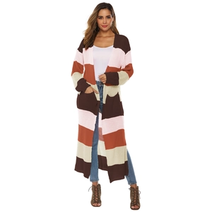 Chic color block striped knit cardigan with long hem and functional pockets for women