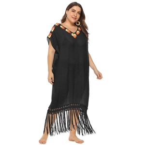 Plus size black V-neck beach dress with red embroidery and long fringe hem details