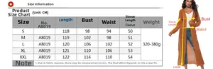 Size chart for women long cardigan showing length, chest, waist, and sleeve measurements