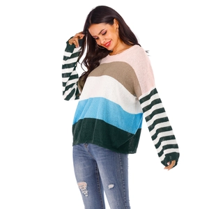 Close-up of multicolored striped knitted sweater with round neck and loose fit texture