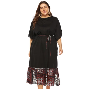 Robe Maxi Décontractée Grande Taille Femme Manche Chauve-Souris Col Rond Imprimé Bohème Épissage Taille Nouée Mode Été