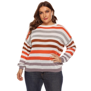 Maglione in Maglia a Righe a Blocchi di Colore Taglie Forti Donna Casual Manica Lunga Girocollo Top Pullover Largo Abbigliamento Moda Urbana