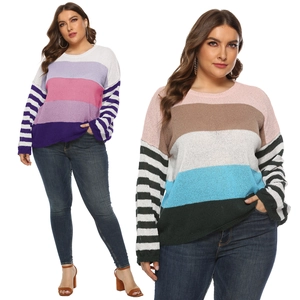 Détails de pulls en maille grande taille avec rayures horizontales colorées et blocs de couleurs