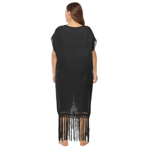 Plus size black crochet tassel beach kaftan dress with colorful beaded sleeve detail