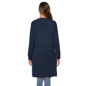 Detailed knit texture of a navy blue long-sleeved cardigan sweater with side pockets