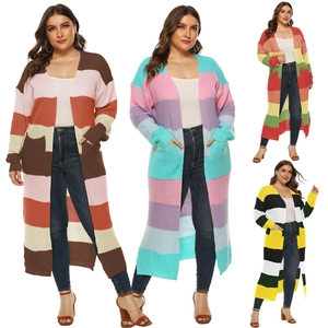 Women Casual Long Color Block Knitted Cardigan Open Front Striped Sweater Coat With Pockets Side Split Acrylic Knitwear