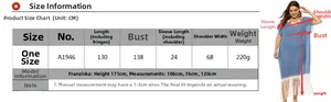 Detailed size chart for blue oversized beach dress featuring length and bust measurements