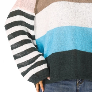 Detail of multi-color striped knitted sweater featuring soft texture and contrast sleeves