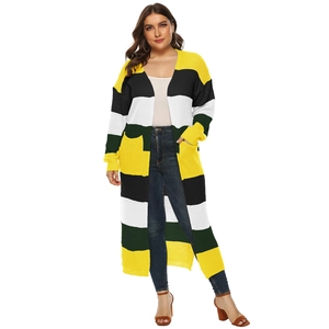 Long knit cardigan with vibrant yellow, green and black stripes and functional side pockets