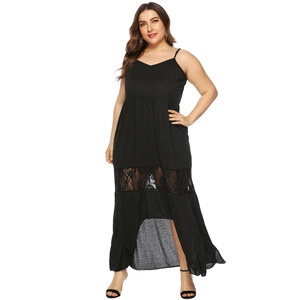Sleeveless black maxi dress with lace inserts and irregular high-low hemline for women