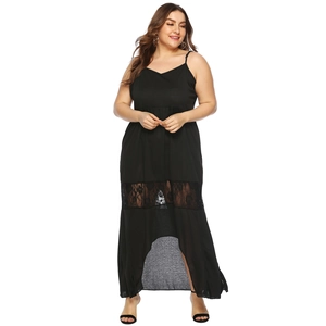Women's plus size black lace patchwork dress with high-low hem and camisole straps