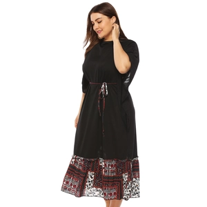 Robe midi noire grande taille pour femmes avec manches chauve-souris et imprimé bohème