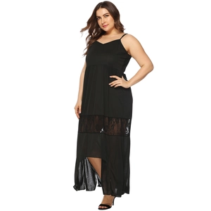 Detailed view of black lace patchwork and asymmetrical hem on this long sundress