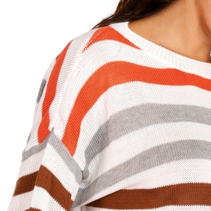 Gros plan sur le col rond et la texture en tricot rayé coloré d'un pull d'automne douillet