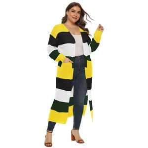 Long knitted cardigan for women featuring yellow, green and white color block stripes