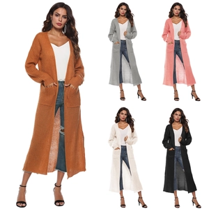 Women Casual Acrylic Long Knit Cardigan Open Front Solid Color Sweater With Pockets Fashion Long Sleeve Outerwear Coat