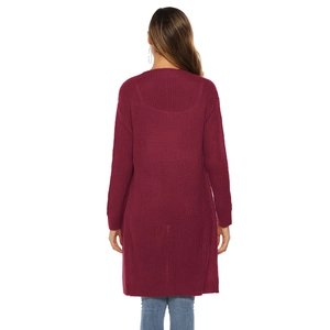 Detail view of burgundy long knit cardigan showing coarse knit texture and drape from behind