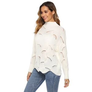Detail showing white knit sweater with wave hollow out patterns and high neck collar