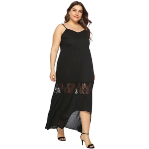 Elegant black plus size V-neck camisole dress with lace patchwork and high-low hemline