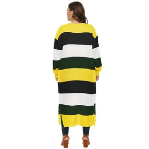Detailed back view of long striped cardigan with side slits and oversized color block pattern