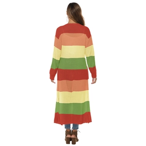 Women's long knit cardigan with vibrant rainbow color block stripes and ankle length cut