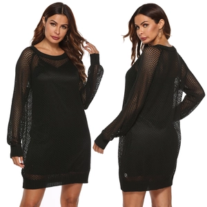 Damen Sexy Aushöhlen Schwarz Strickpullover Kleid Langarm Rundhalsausschnitt Locker Mesh Häkeln Mini Kleid Strand Cover Up