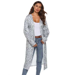 Cardigan long pour femme à imprimé léopard gris et blanc, coupe décontractée