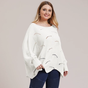 Detail of white hollow-out knit pattern on plus size batwing sleeve sweater
