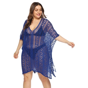 Women's plus size navy blue hollow lace beach cover-up with V-neck and tassel hem